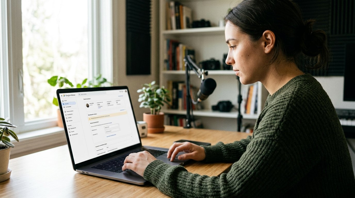 Interface de configuração de conta do Google AdSense vinculada a um perfil de criador.