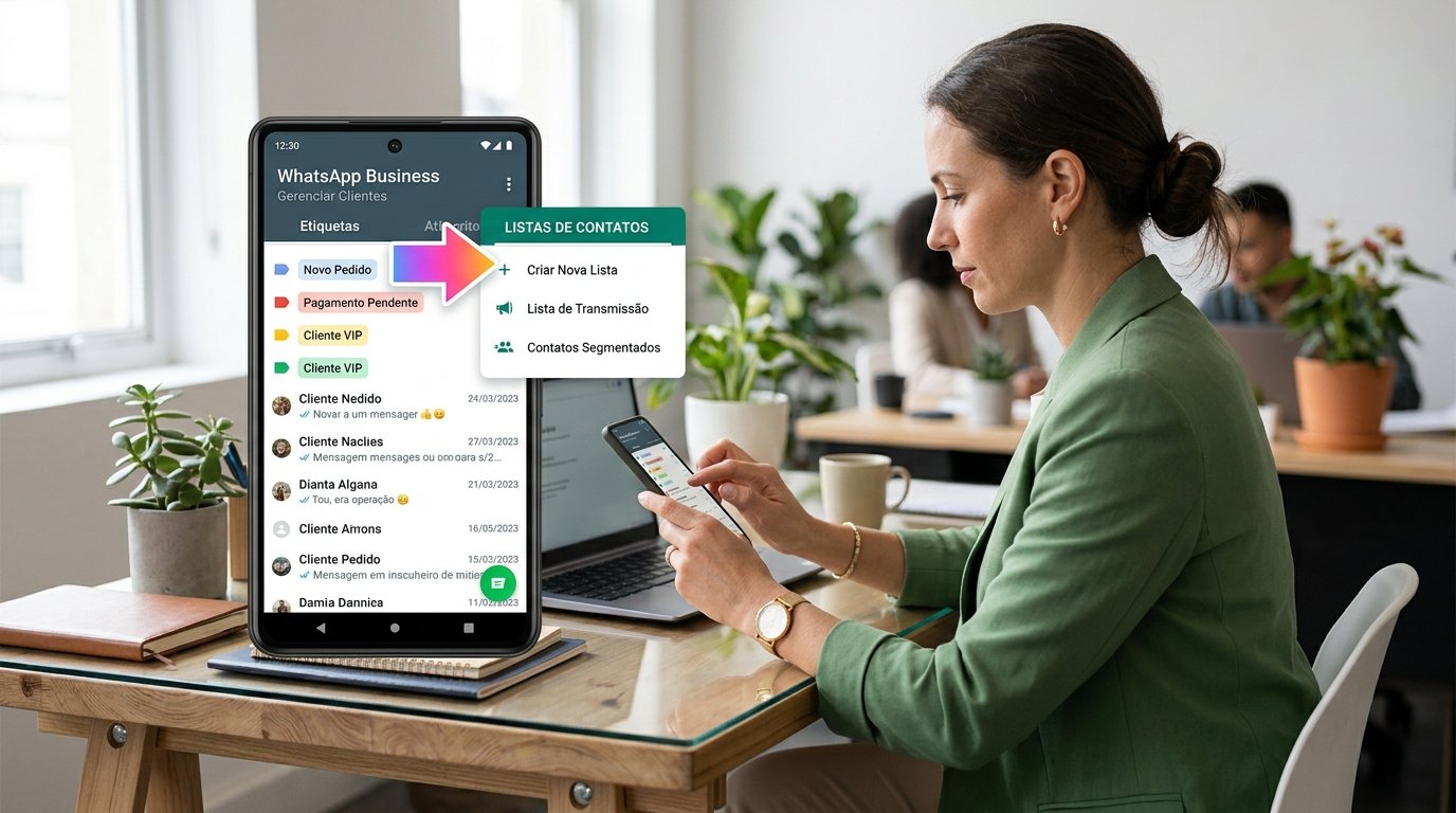 Interface do aplicativo WhatsApp Business mostrando a transição do recurso de etiquetas para listas de contatos.