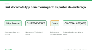 Link do WhatsApp com mensagem: anatomia do endereço wa.me com número internacional, parâmetro text e código de origem do canal