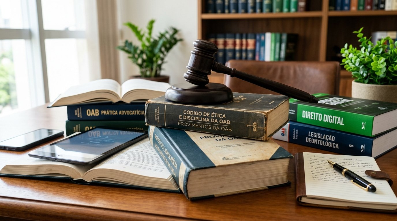 Livros de direito e martelo sobre a mesa representando as regras da OAB.