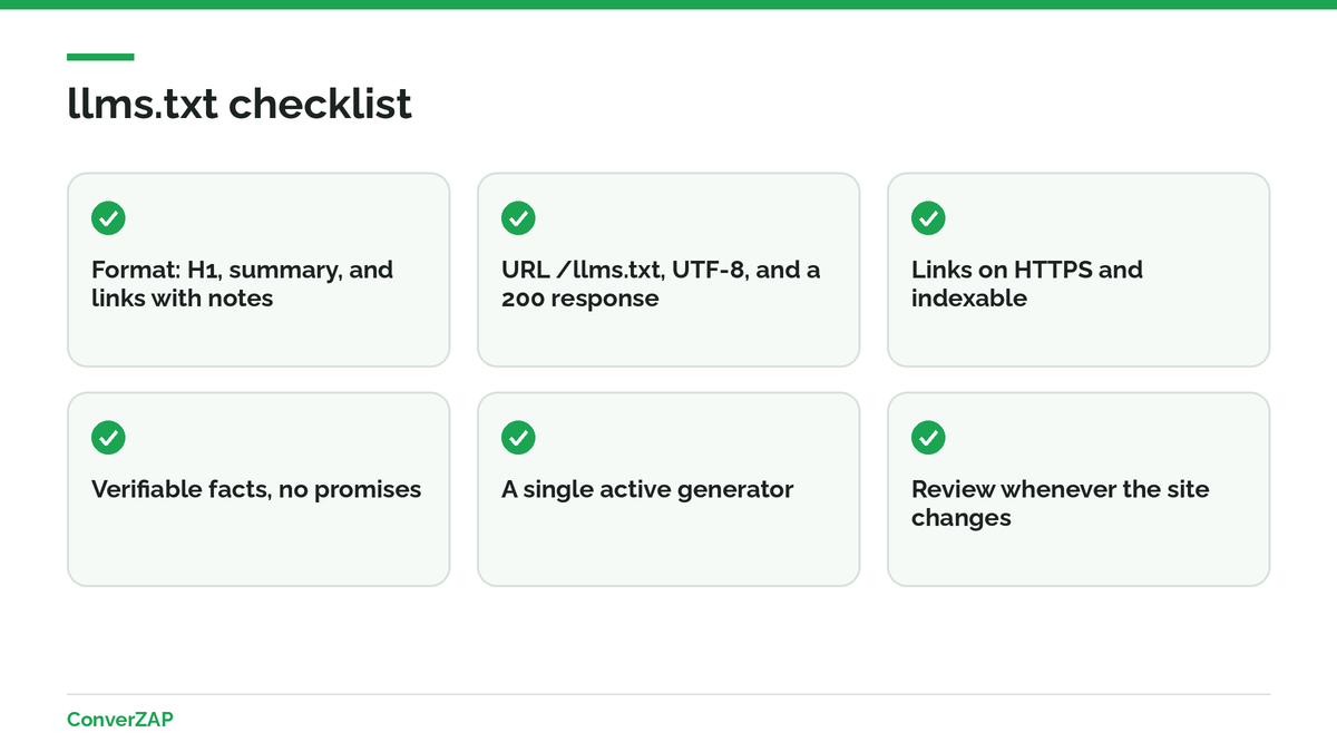 llms.txt checklist: format, root URL, indexable links, verifiable content, a single generator, and regular review