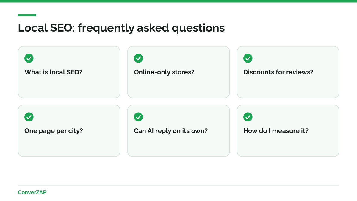 Local SEO FAQ: Google Business Profile, reviews, city pages, AI, and WhatsApp