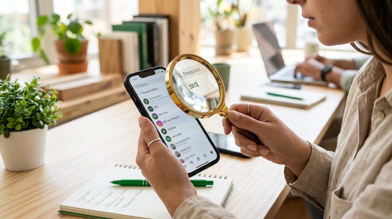 Lupa sobre a tela de um smartphone mostrando a barra de busca do Instagram.