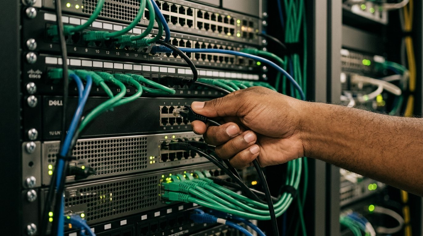 Mão desconectando um cabo de rede em um painel de servidores