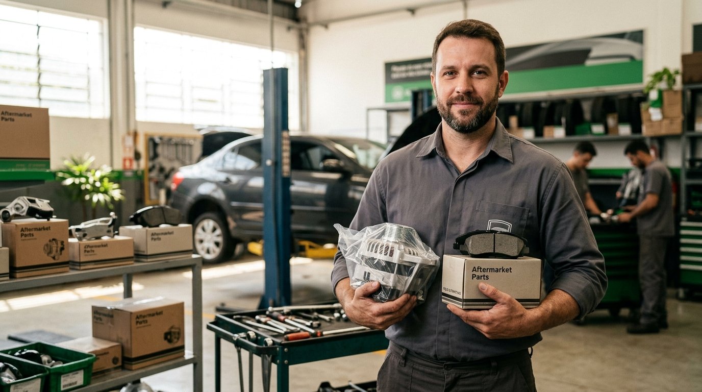 Mecânico segurando peças de reposição automotiva novas.