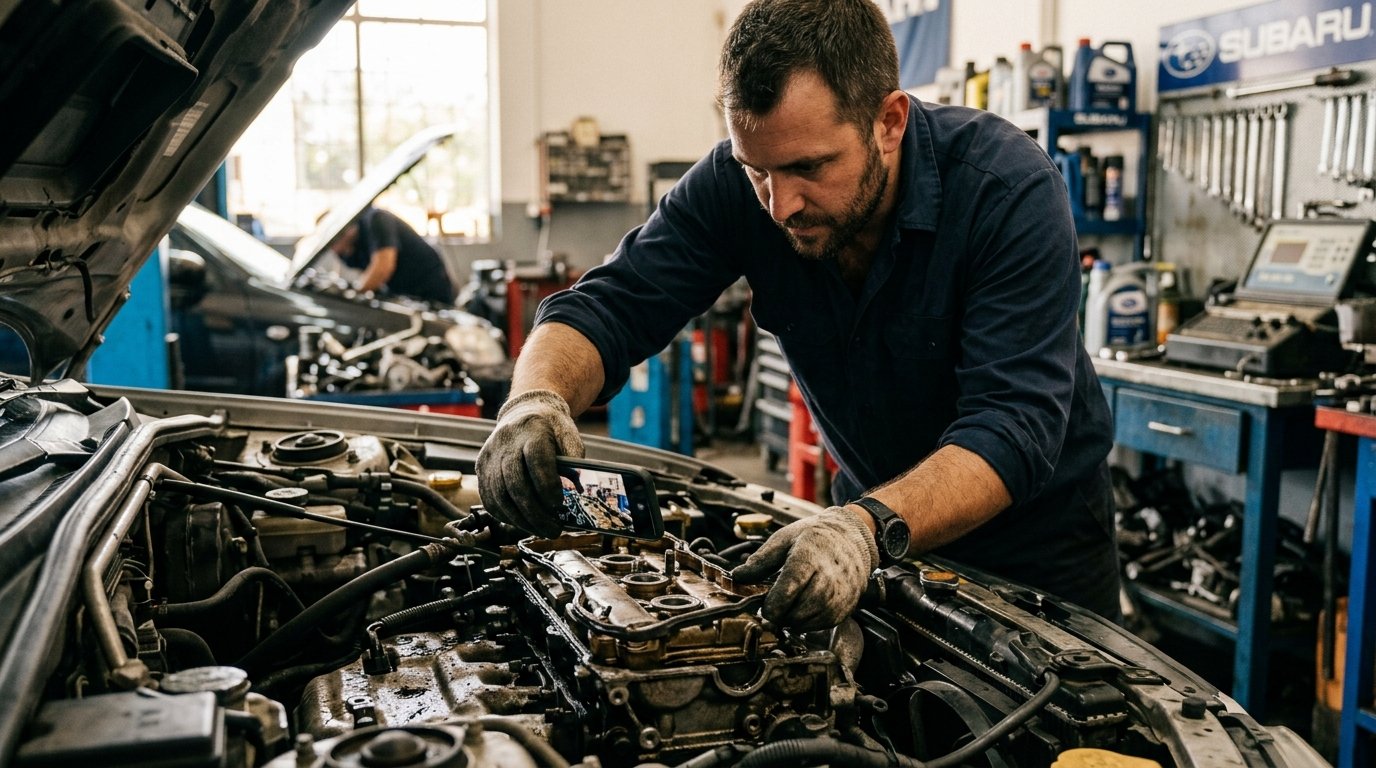 Mecânico tirando foto de peça do motor para enviar o orçamento pelo WhatsApp.
