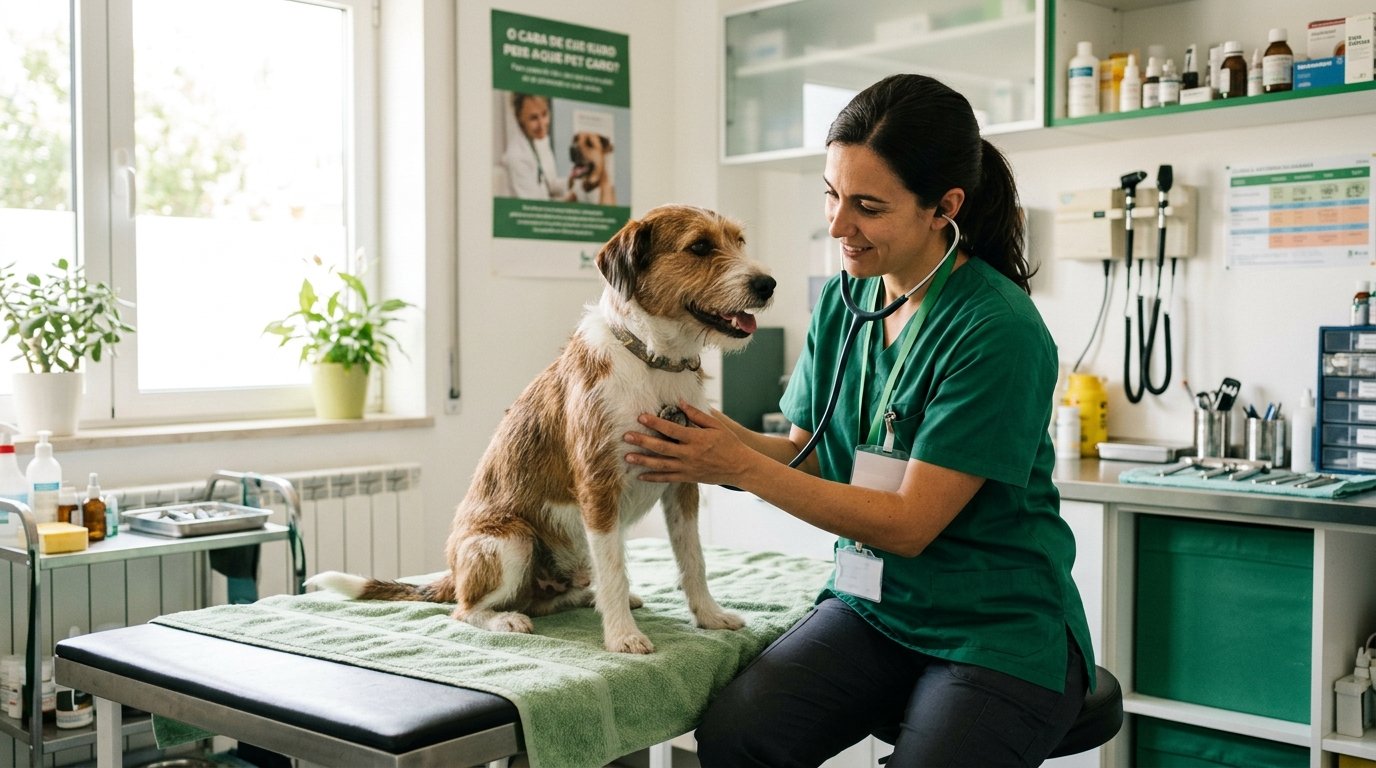 Médico-veterinário examinando um cachorro presencialmente em uma clínica