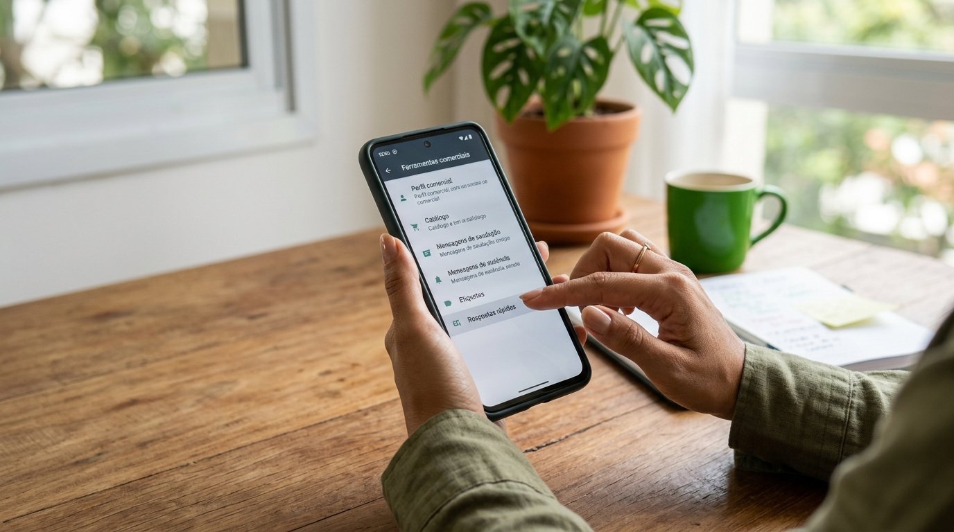 Menu de ferramentas comerciais do WhatsApp Business em um celular