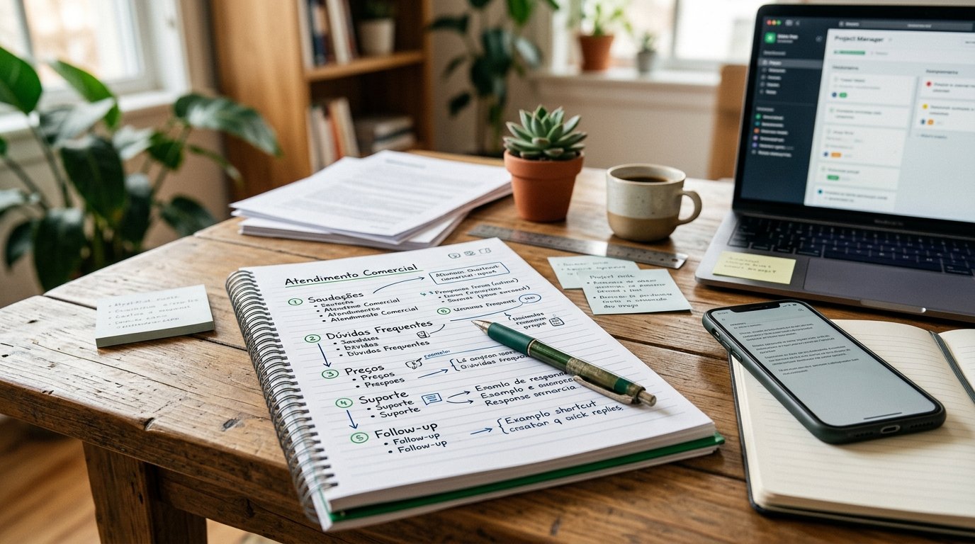 Mesa de escritório com anotações de planejamento para atendimento comercial