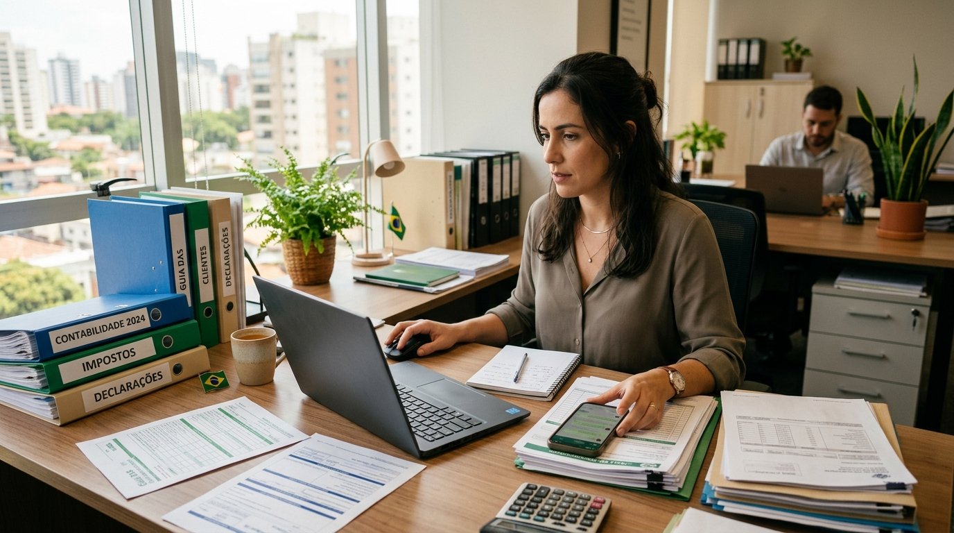 Mesa de escritório com documentos e computador representando a rotina contábil