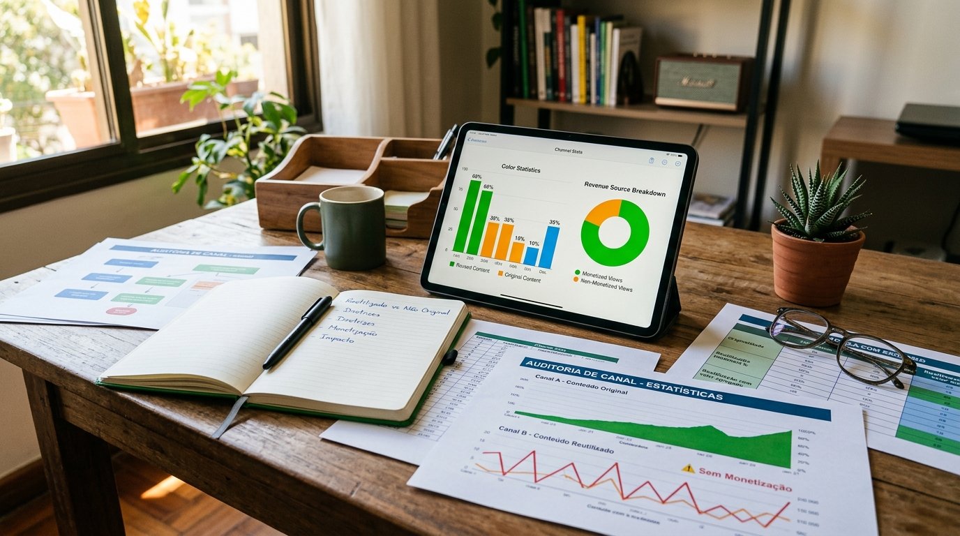 Mesa de trabalho com documentos, gráficos e um tablet exibindo estatísticas