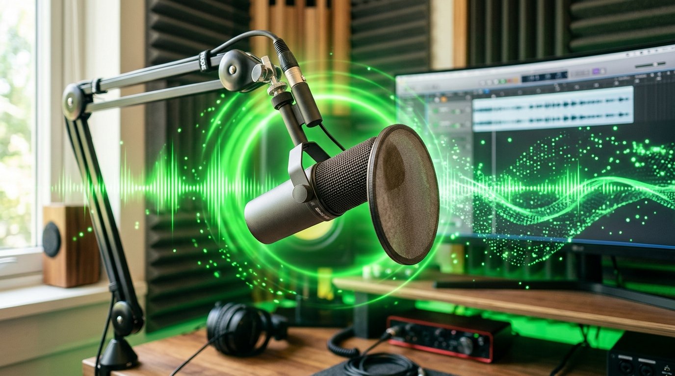 Microfone de estúdio com ondas sonoras digitais ao fundo, representando a narração com IA.