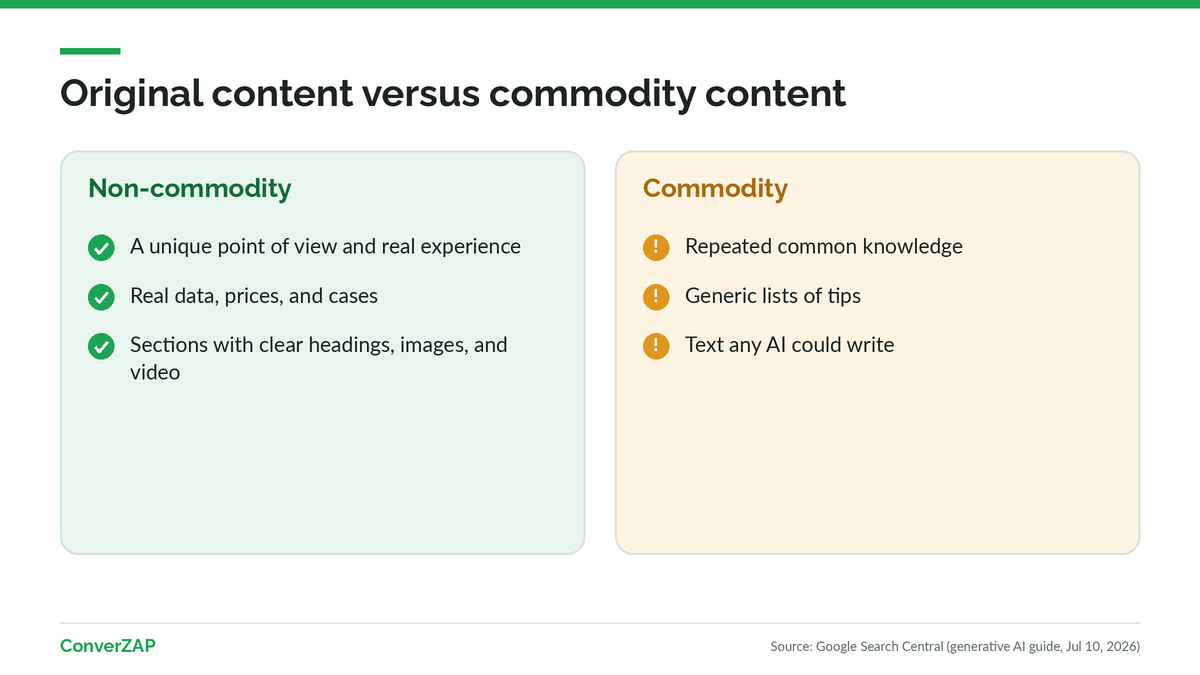 Non-commodity content for Google AI Mode: a unique point of view, real experience, good structure, images, and video