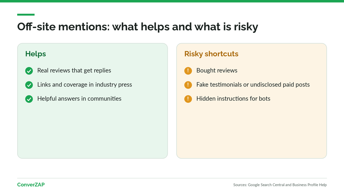 Off-site mentions: real reviews, press, and communities help; bought reviews and hidden text are risks