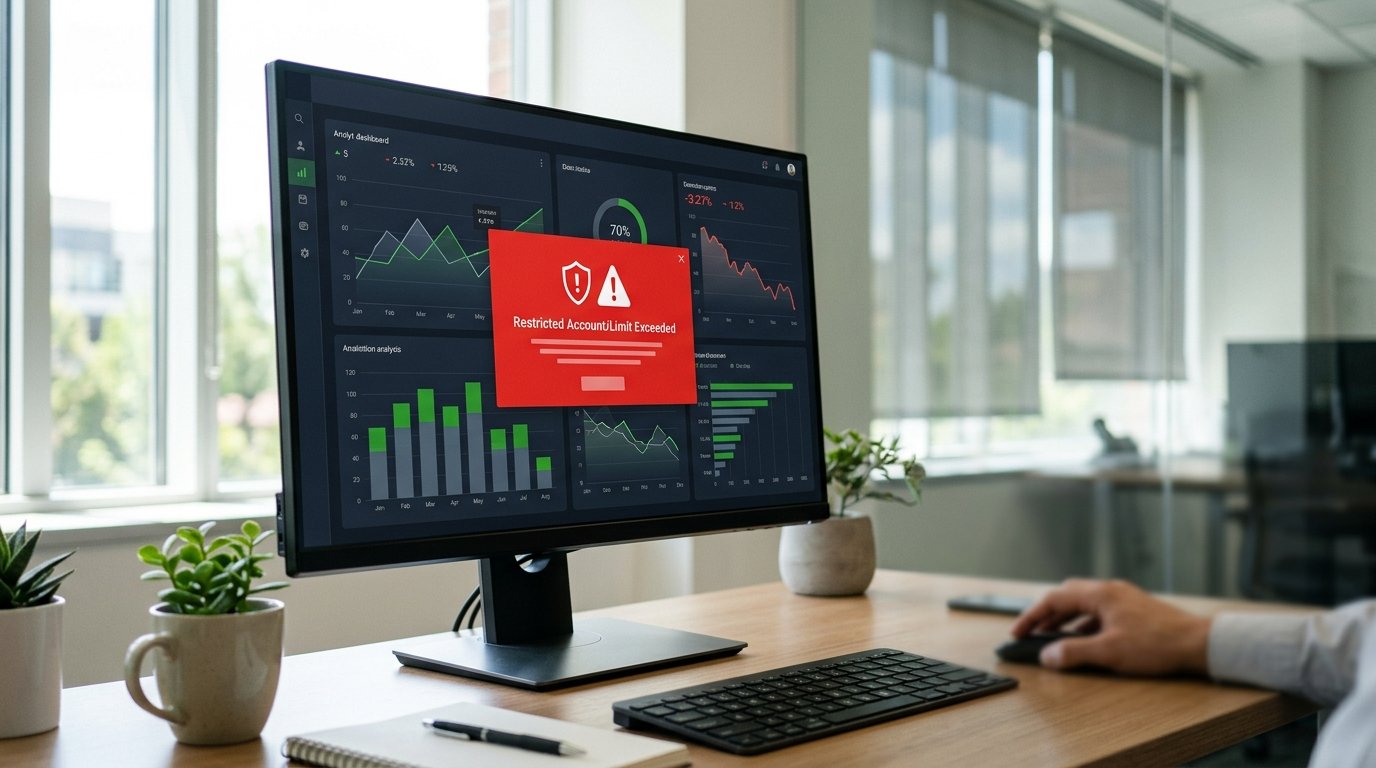 Painel de controle em um monitor exibindo gráficos e um alerta de erro em vermelho.