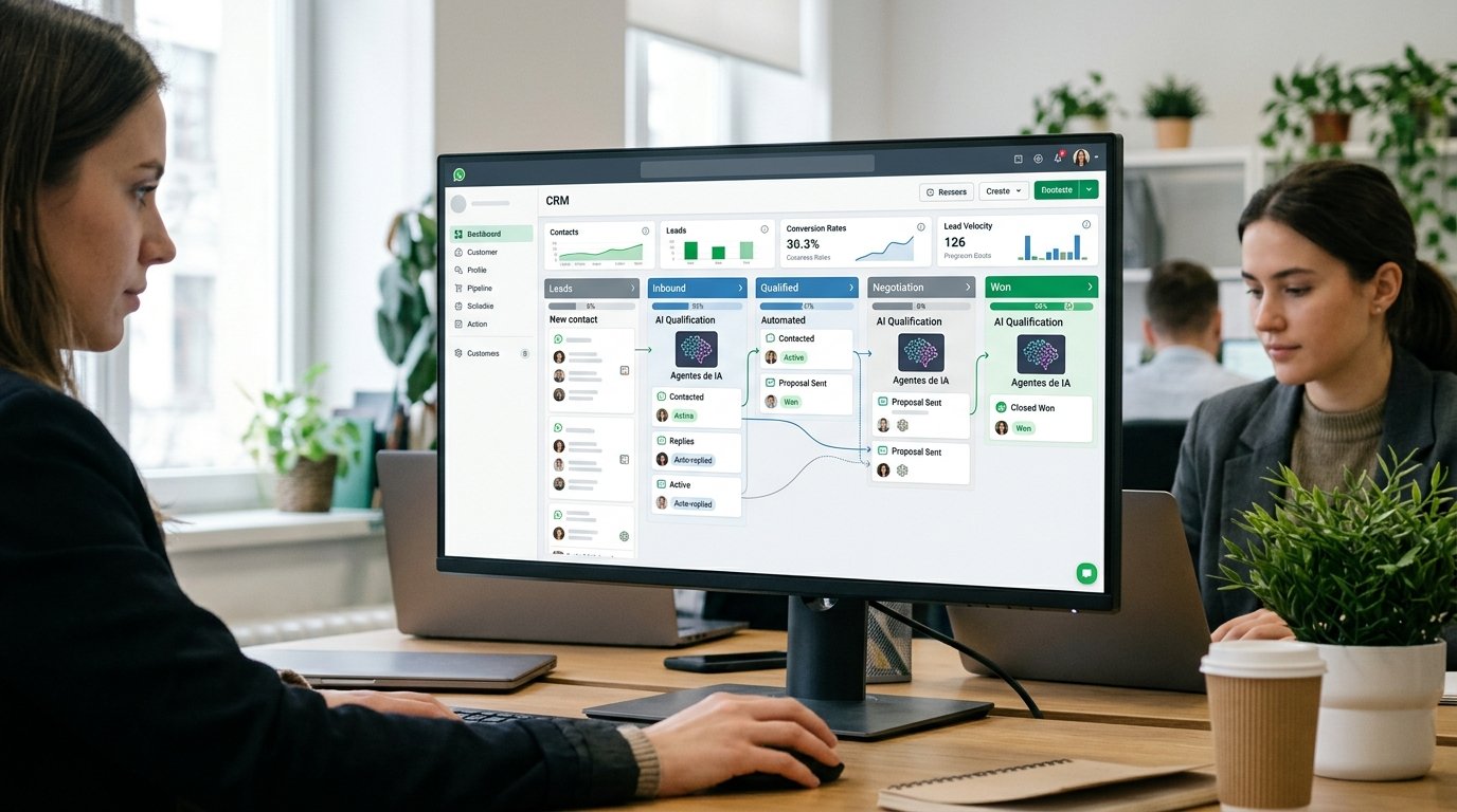 Painel de um CRM integrado com Agentes de IA, mostrando a automação do funil de vendas.