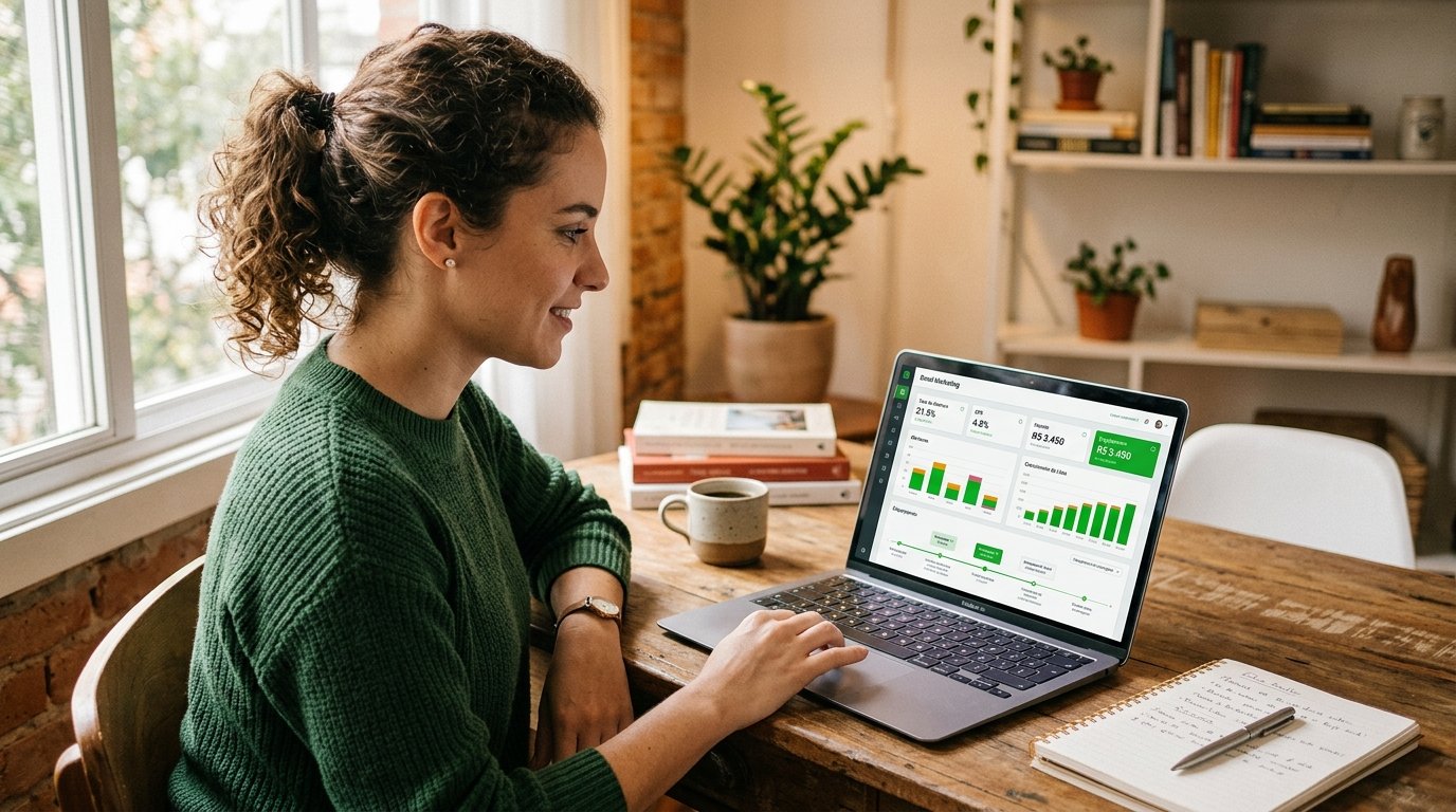 Pessoa analisando métricas de email marketing em um notebook.