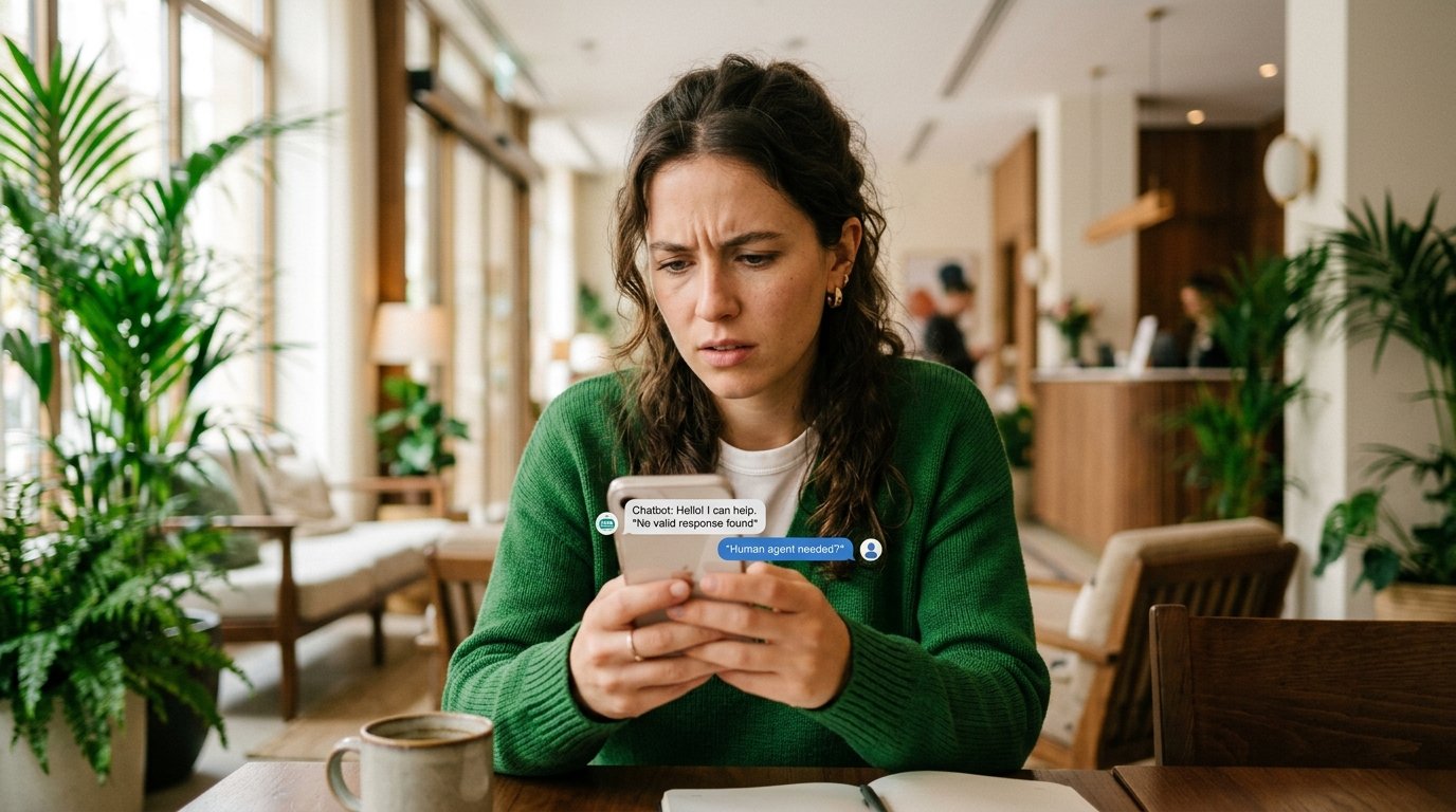 Pessoa com expressão de dúvida olhando para o celular.