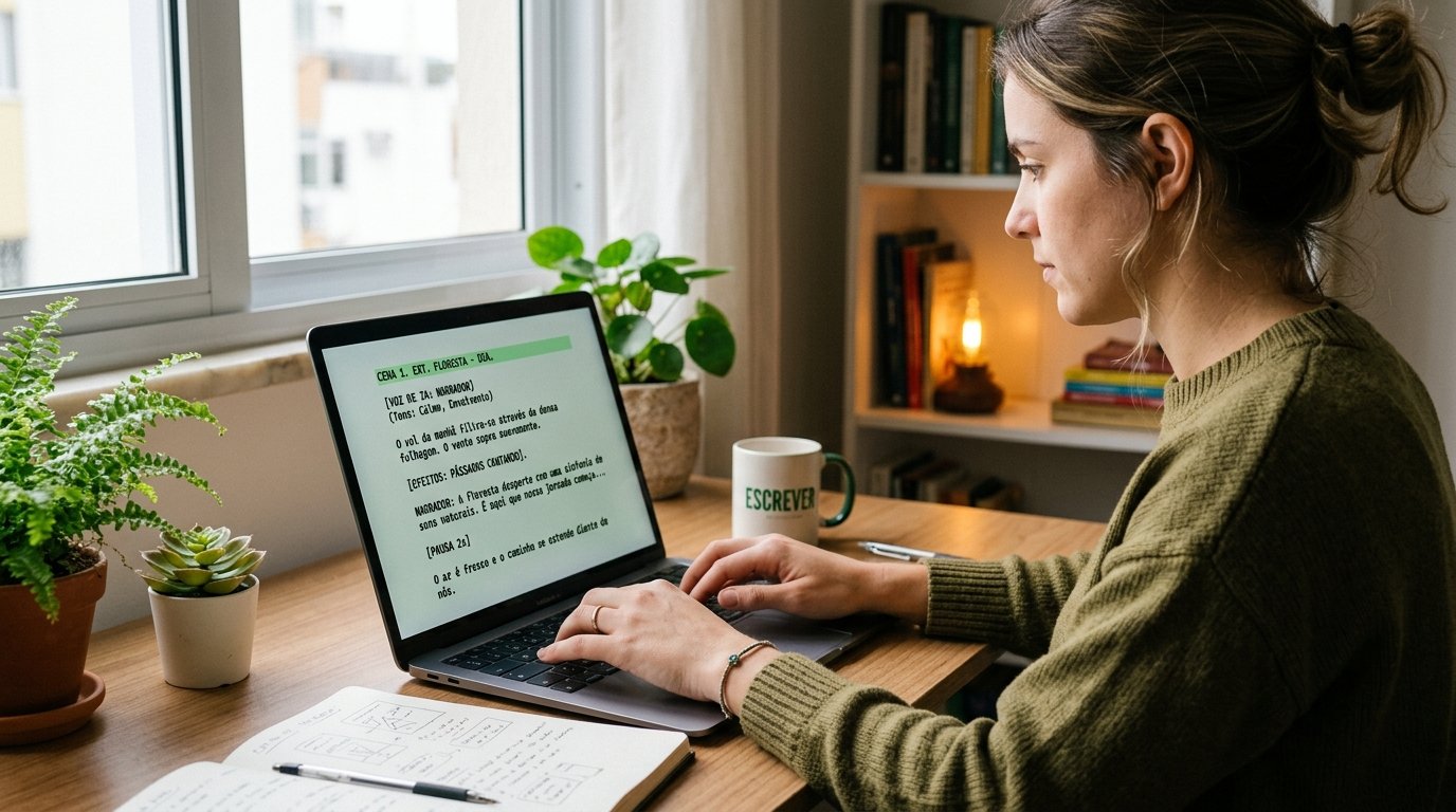 Pessoa digitando um roteiro em um laptop, com foco na tela exibindo texto formatado.