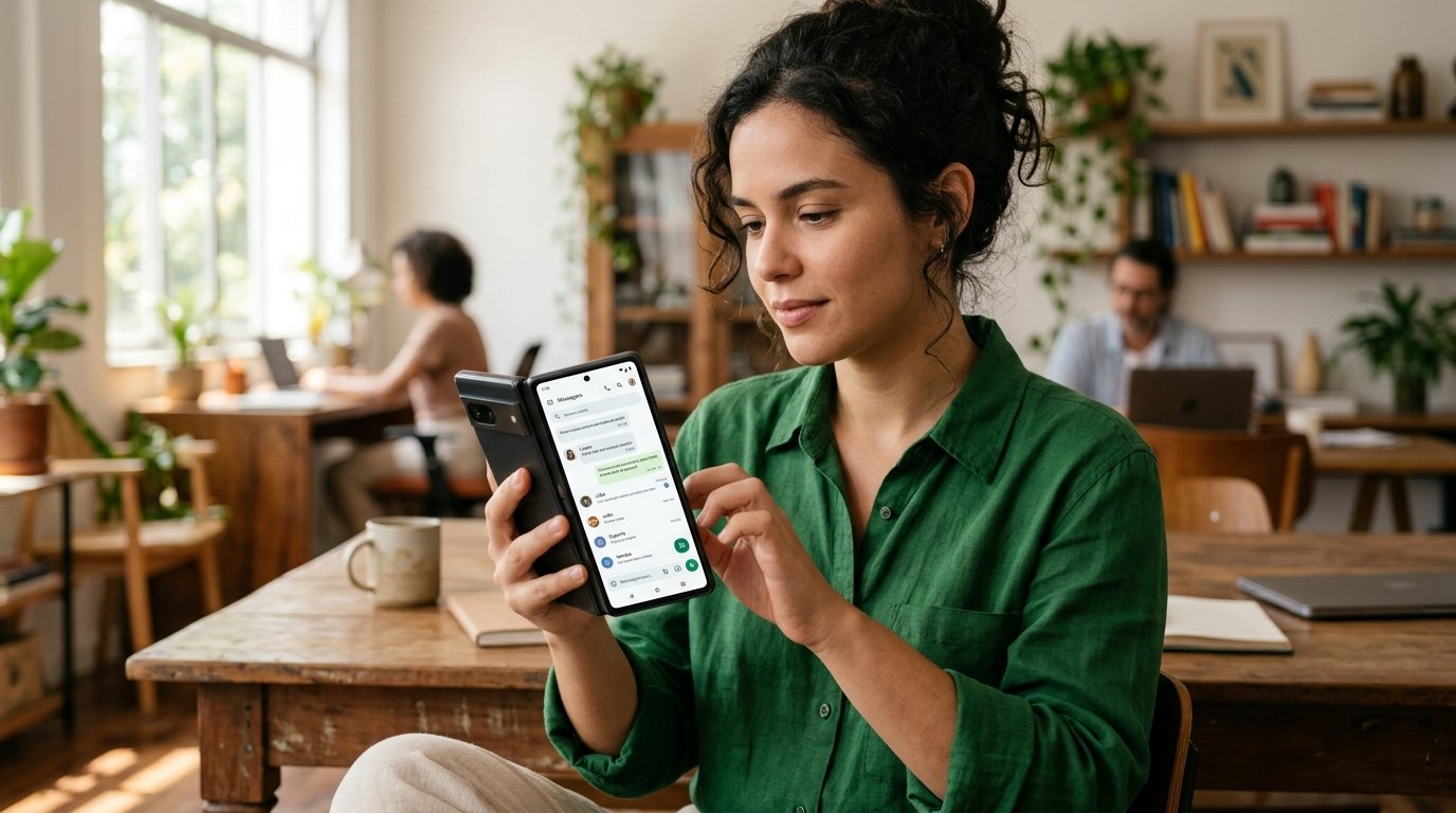 Pessoa segurando um smartphone com aplicativo de mensagens aberto.