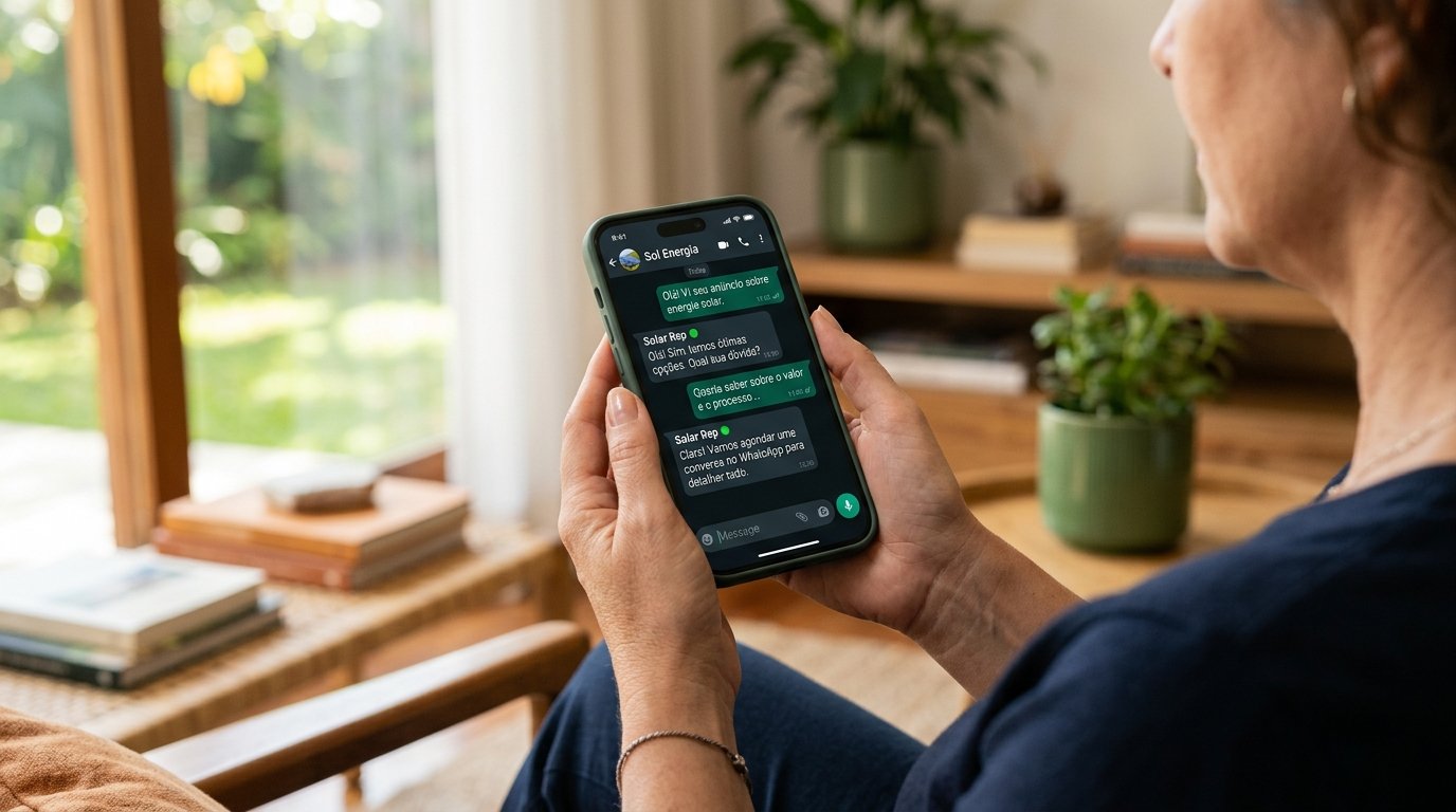 Pessoa segurando um smartphone com uma conversa de WhatsApp sobre energia solar.