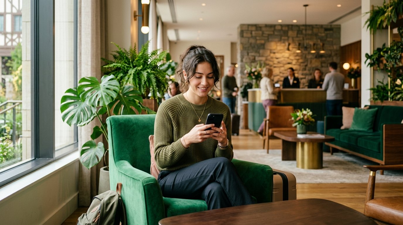 Pessoa usando smartphone no lobby de um hotel.