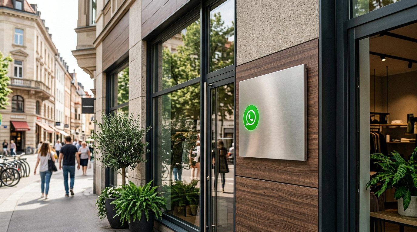 Placa com logotipo de empresa em uma fachada comercial.