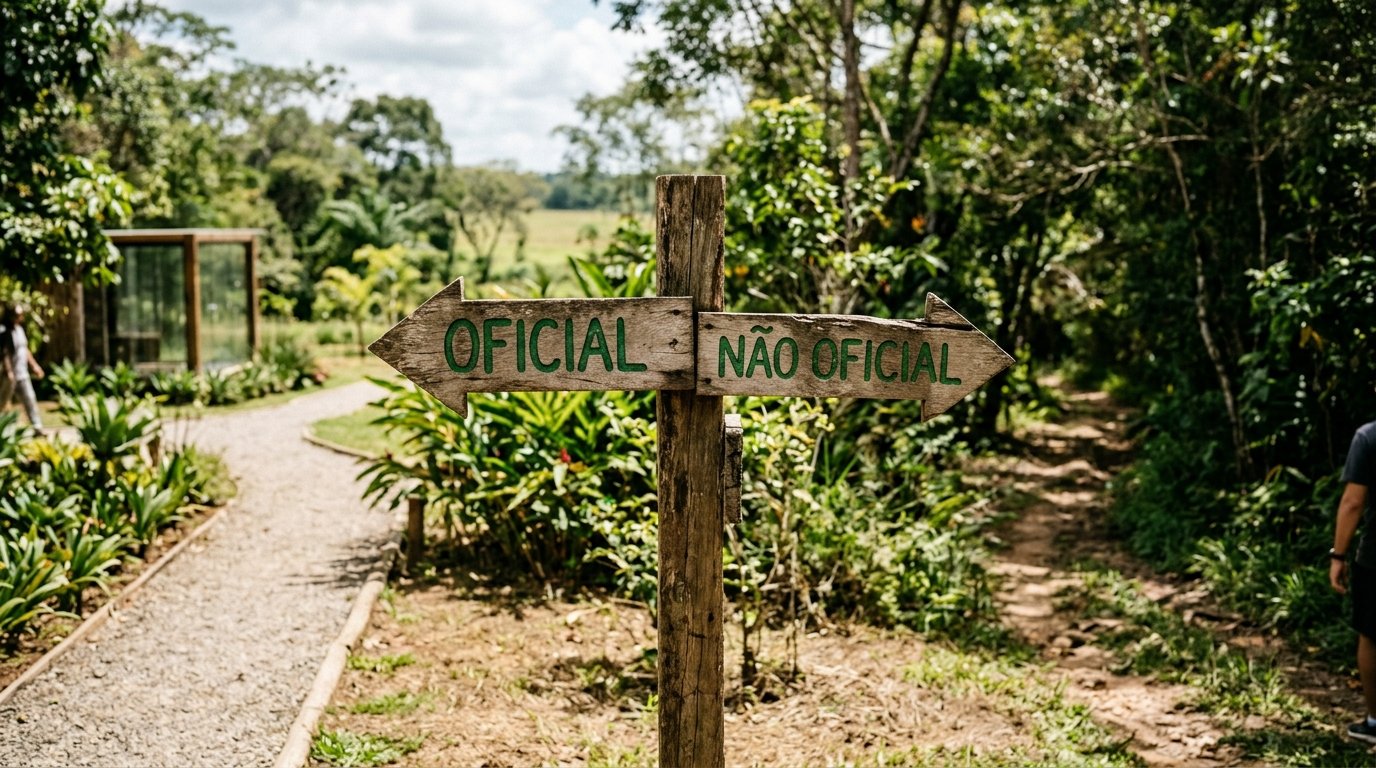 Placa indicando caminhos opostos para oficial e não oficial, ilustrando a escolha de integração.