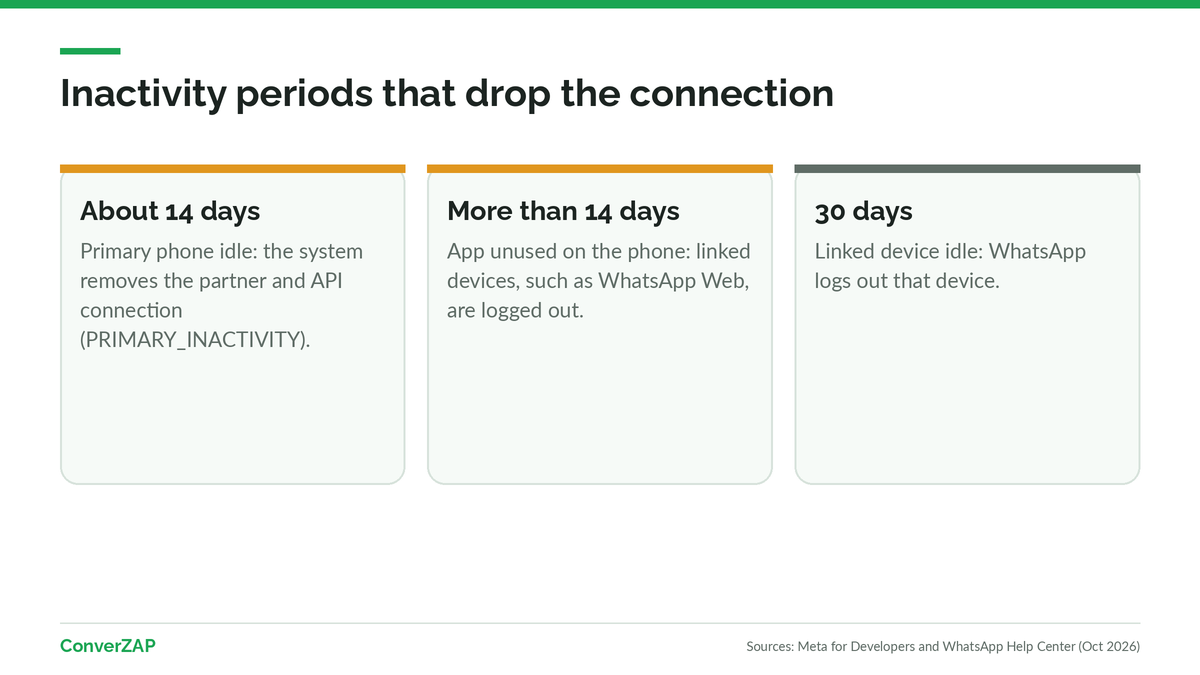 The 14-day rule under WhatsApp coexistence: an inactive primary phone drops the API connection, and linked devices idle for 30 days are logged out
