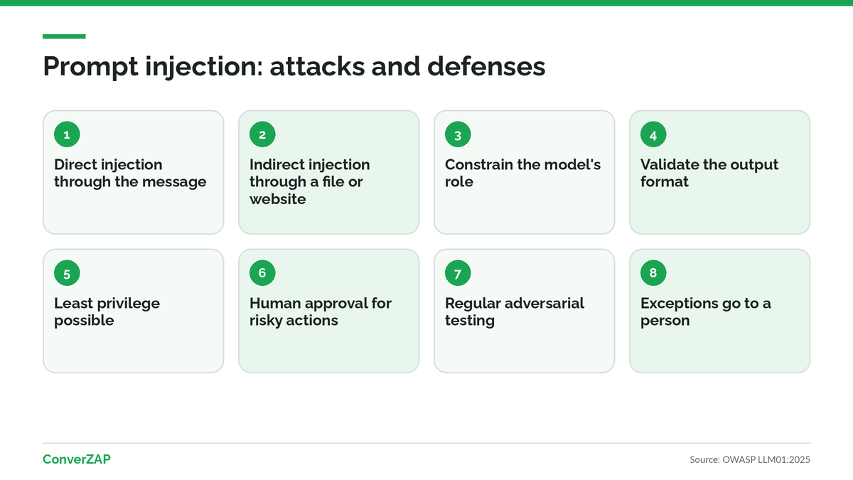Prompt injection according to OWASP: direct injection by the user, indirect injection through files and websites, and recommended defenses