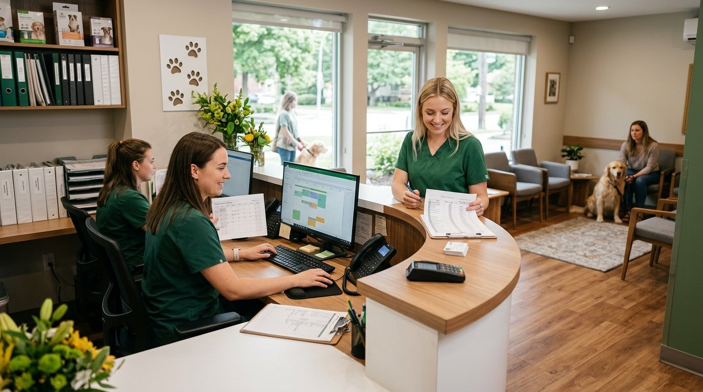 Recepção de uma clínica veterinária com atendentes organizando a agenda de serviços