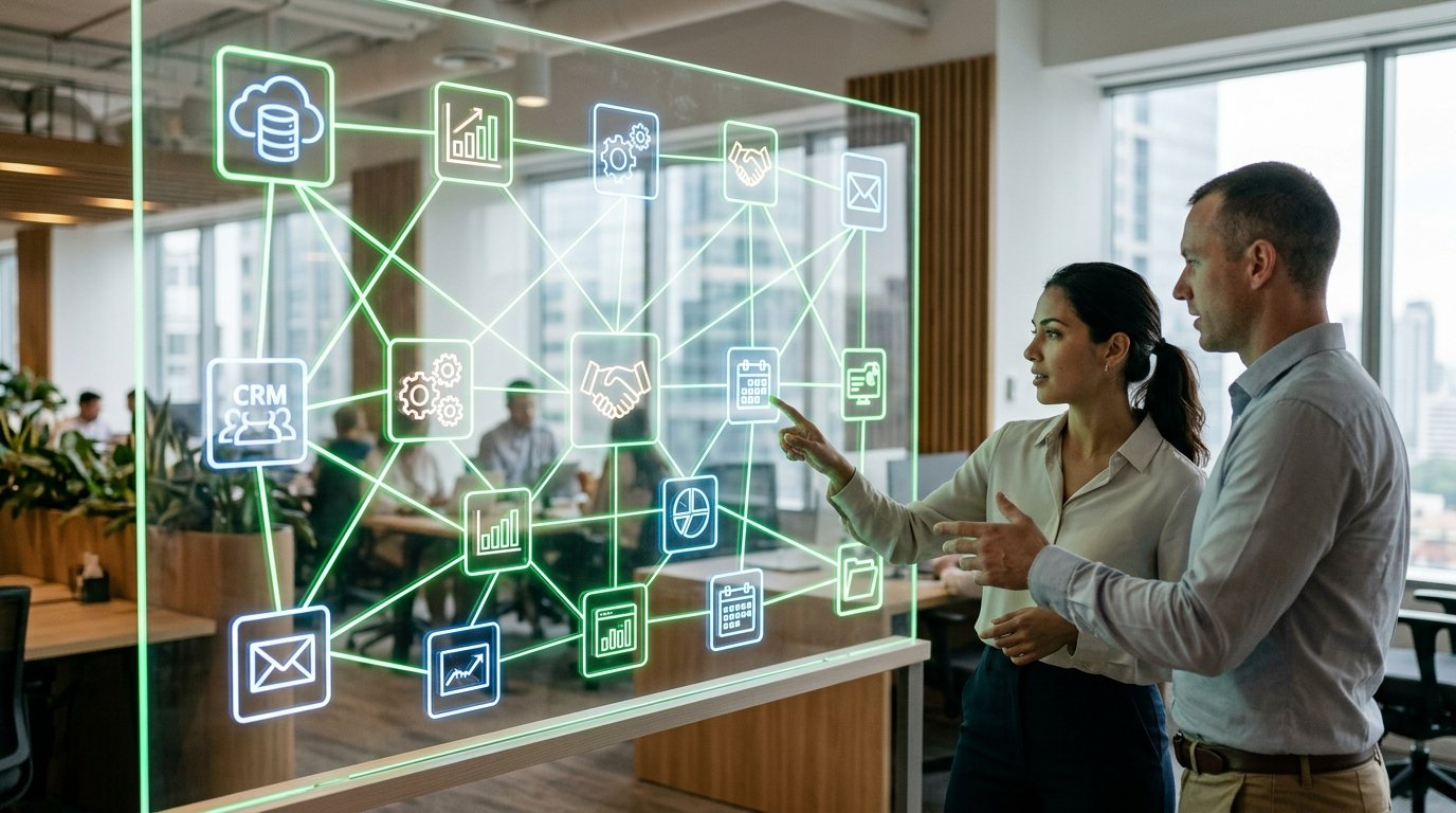 Rede conectando diferentes ícones de software corporativo