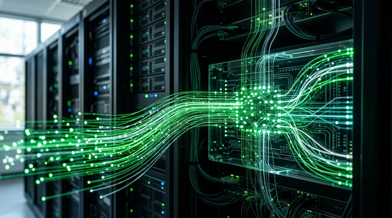 Representação abstrata de processamento de dados por inteligência artificial.