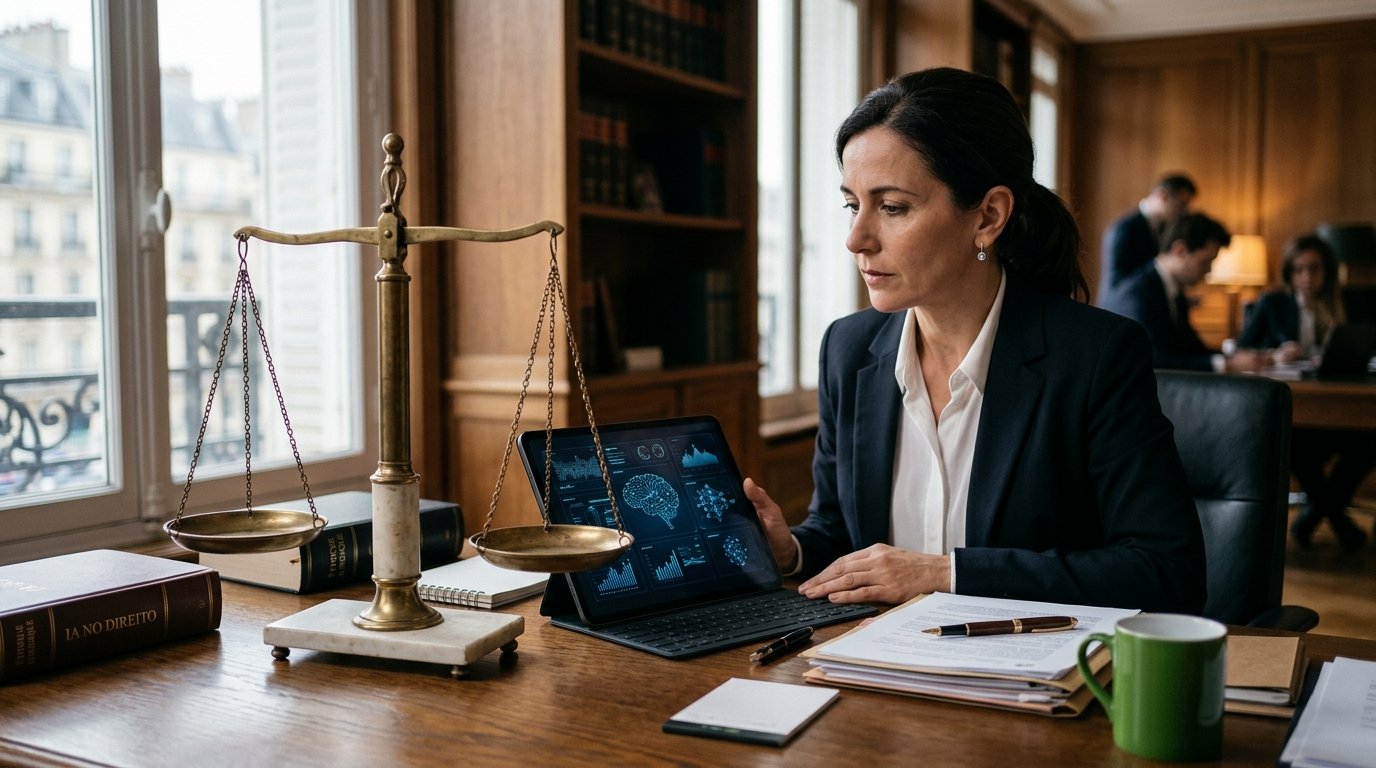 Representação de inteligência artificial e a balança da justiça.