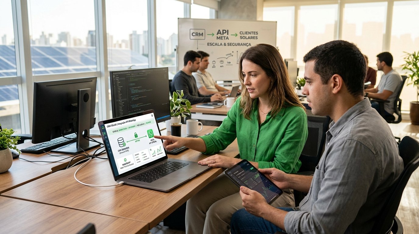 Representação gráfica da integração entre um servidor de CRM e a API do WhatsApp.