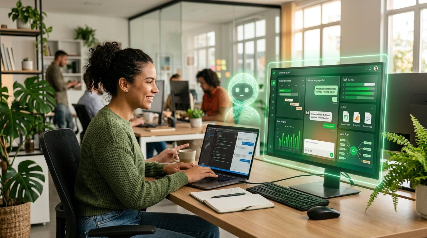 Representação visual de um colega de trabalho digital interagindo com ferramentas de escritório