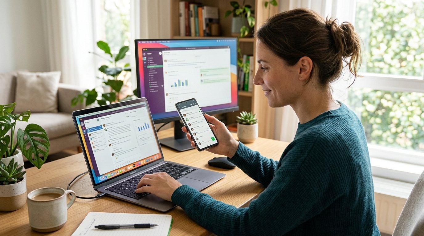 Smartphone e notebook sincronizados, representando o uso simultâneo de plataformas.