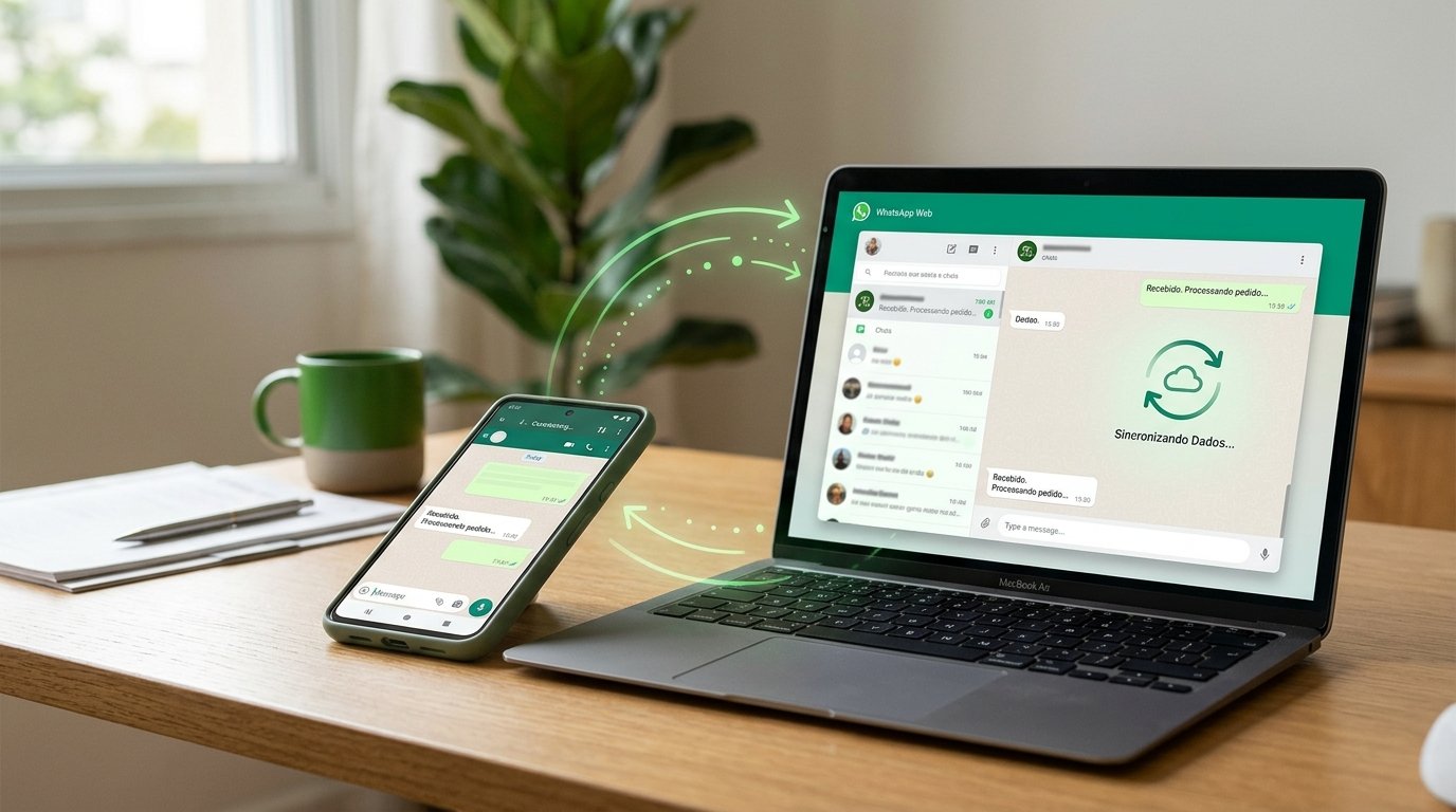 Smartphone e notebook sincronizando dados, representando a coexistência do WhatsApp.