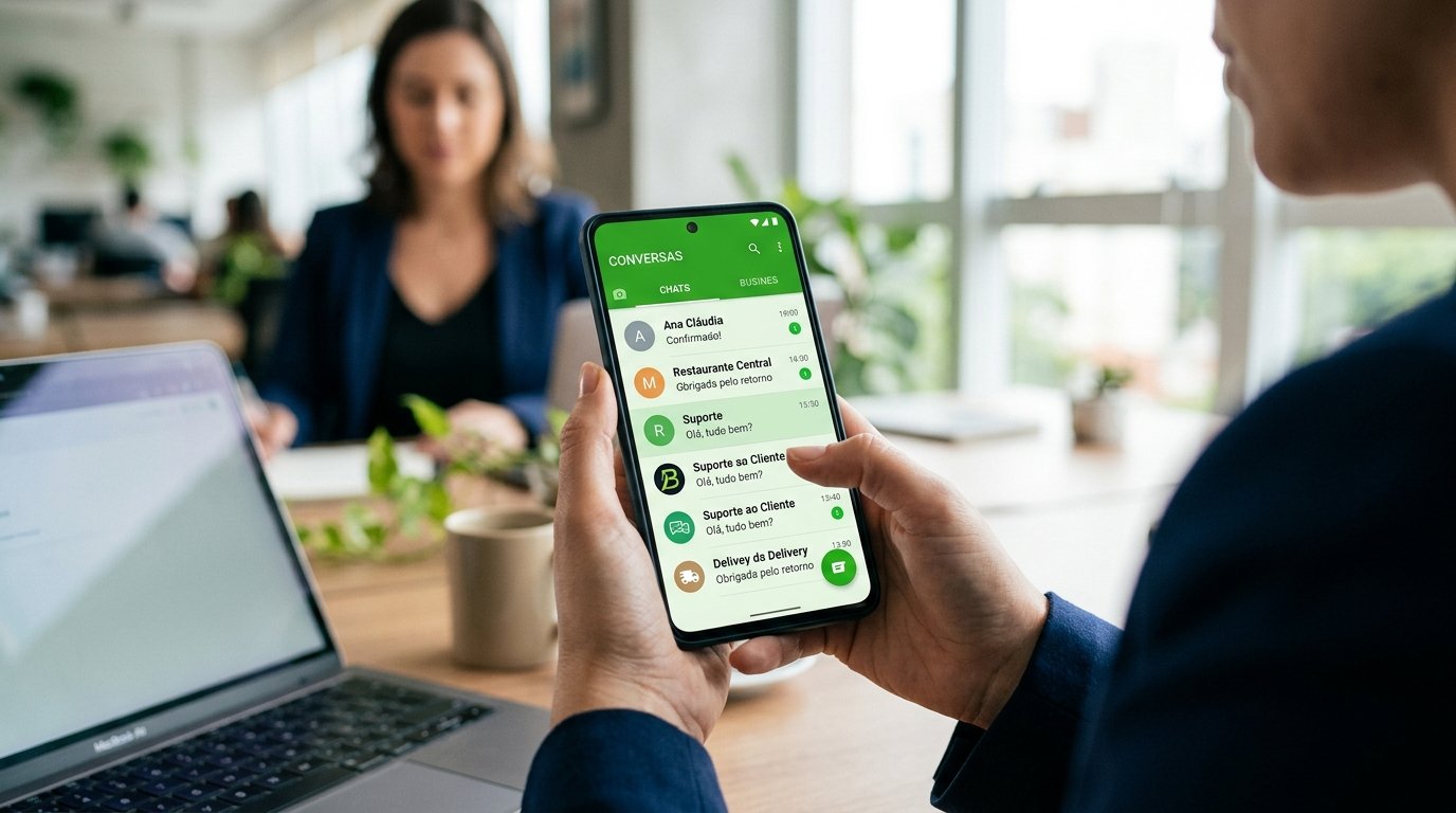 Smartphone exibindo a interface de um aplicativo de mensagens corporativo