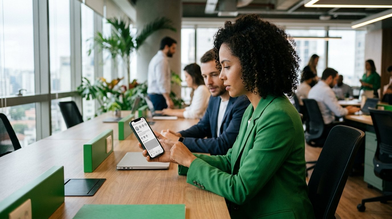 Smartphone exibindo aplicativos de redes sociais em um ambiente corporativo