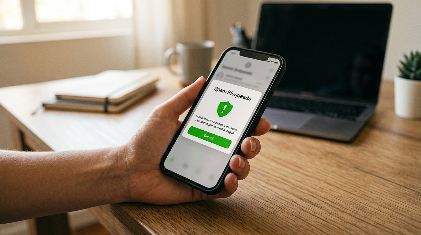 Smartphone exibindo uma mensagem de bloqueio de spam