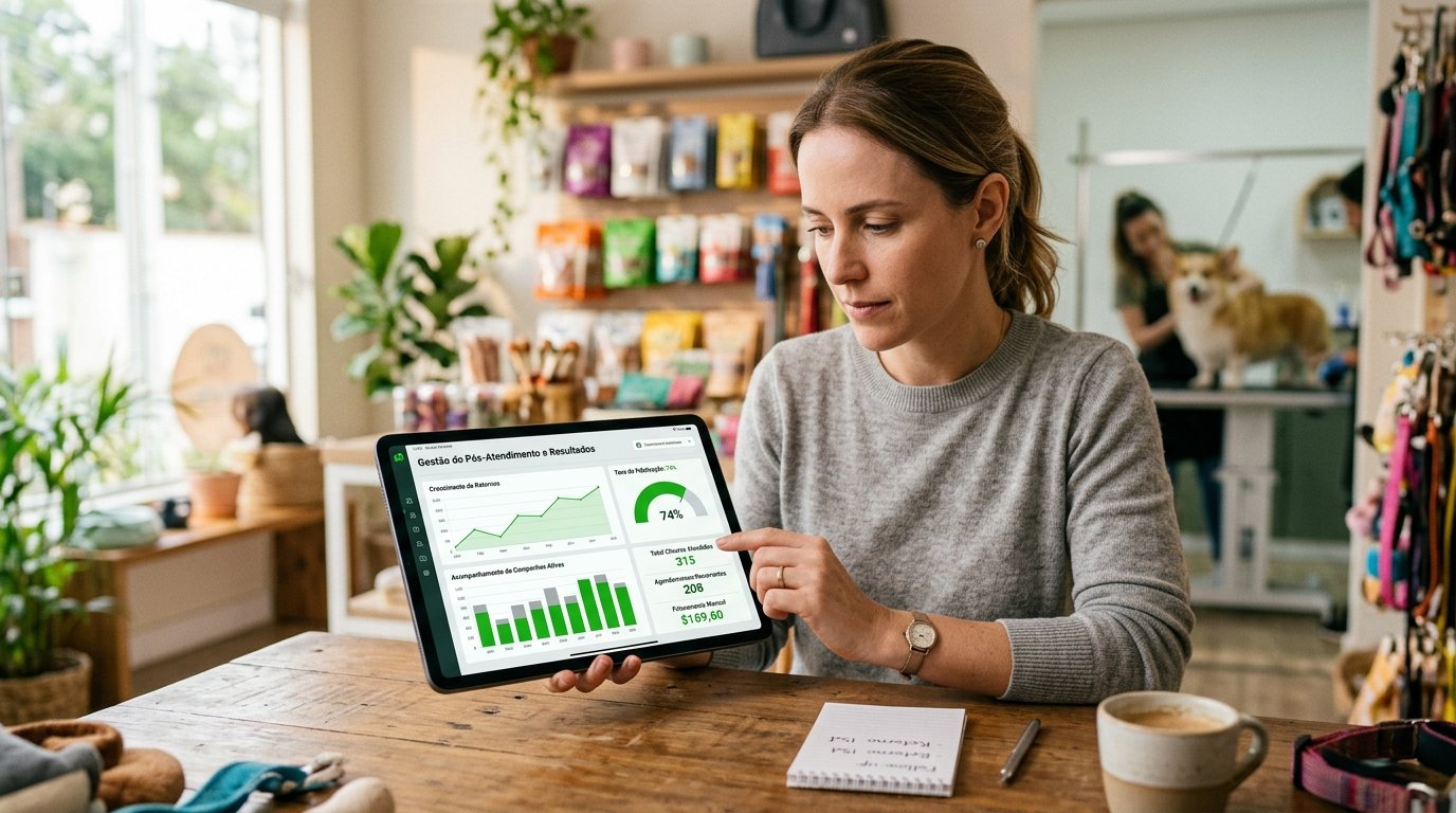 Tablet exibindo gráficos e métricas de acompanhamento de resultados de negócios