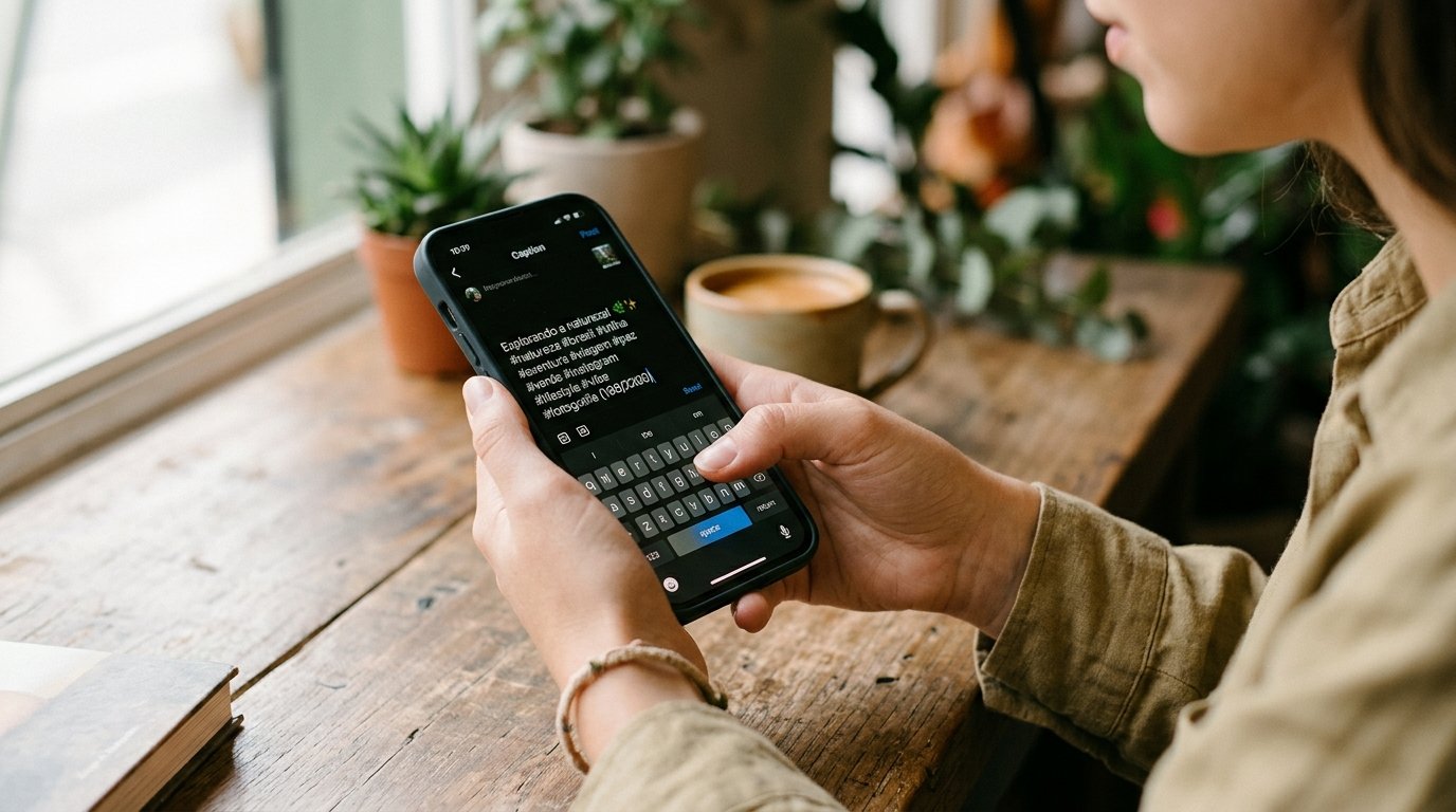 Teclado de smartphone sendo usado para digitar um texto com hashtags.