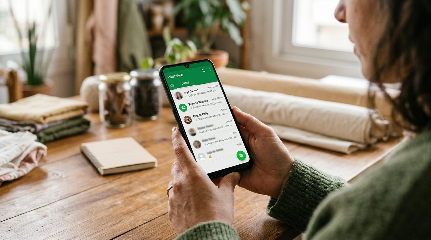 Tela de celular mostrando o aplicativo WhatsApp Business gratuito.