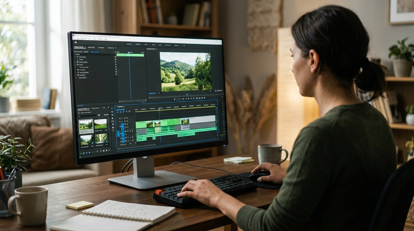 Tela de computador exibindo um software de edição de vídeo em funcionamento