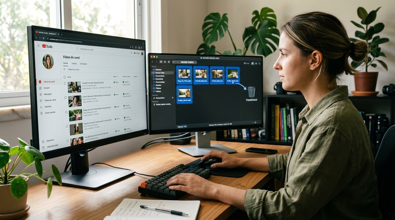 Tela de computador mostrando a seleção e exclusão de arquivos digitais