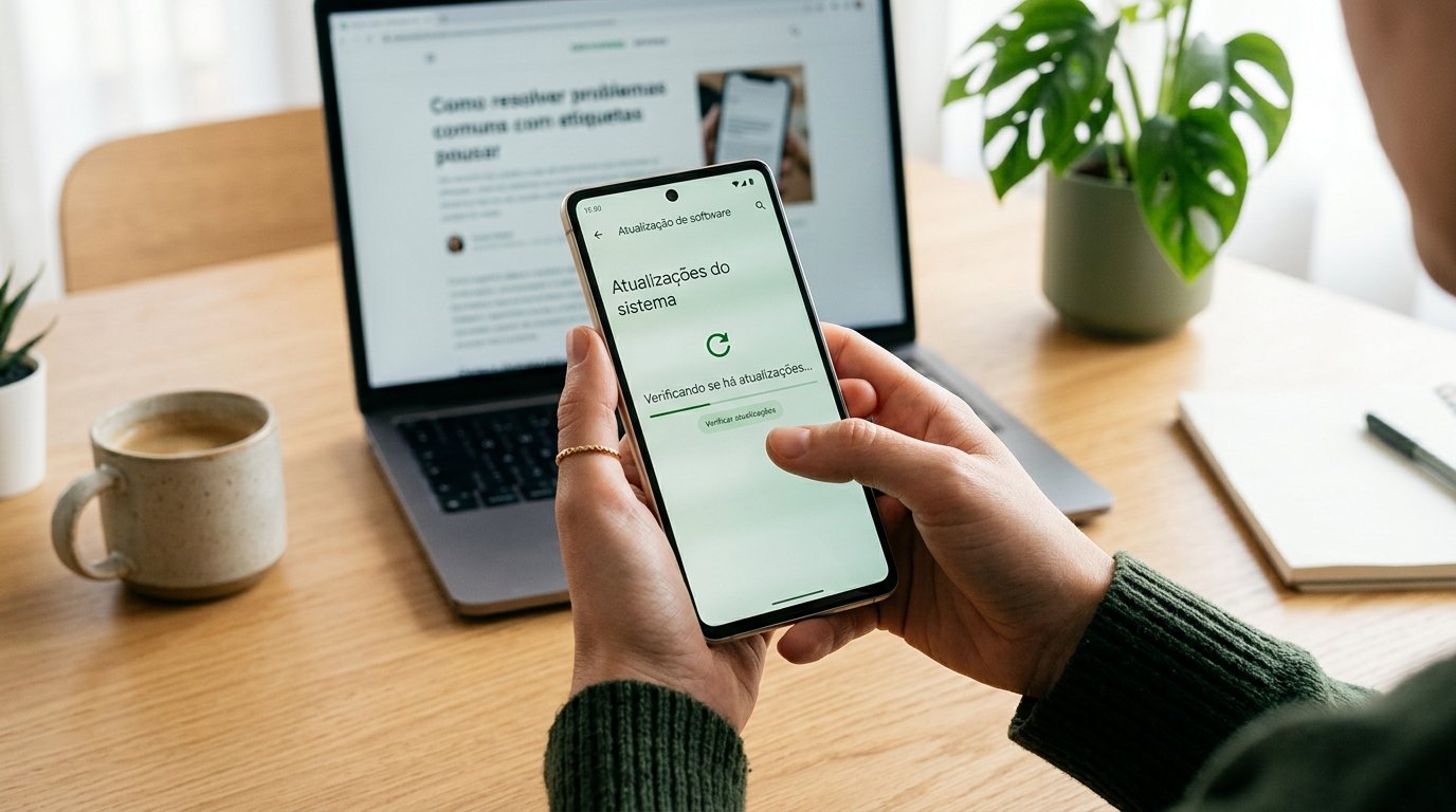 Tela de configurações do celular mostrando a verificação de atualizações do aplicativo de mensagens.