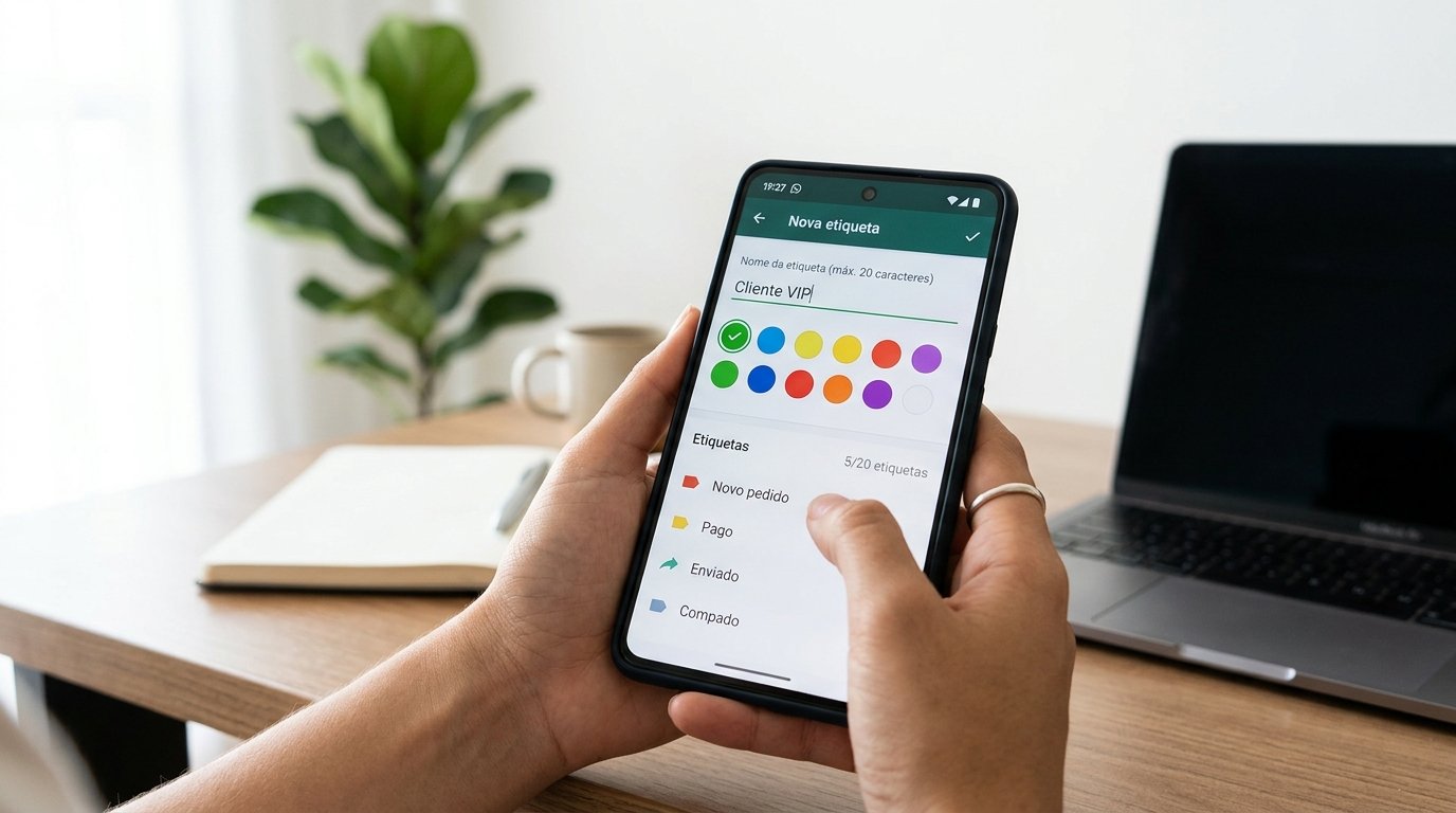 Tela de criação de etiquetas no celular, mostrando a escolha de cores e o limite de 20 marcações.