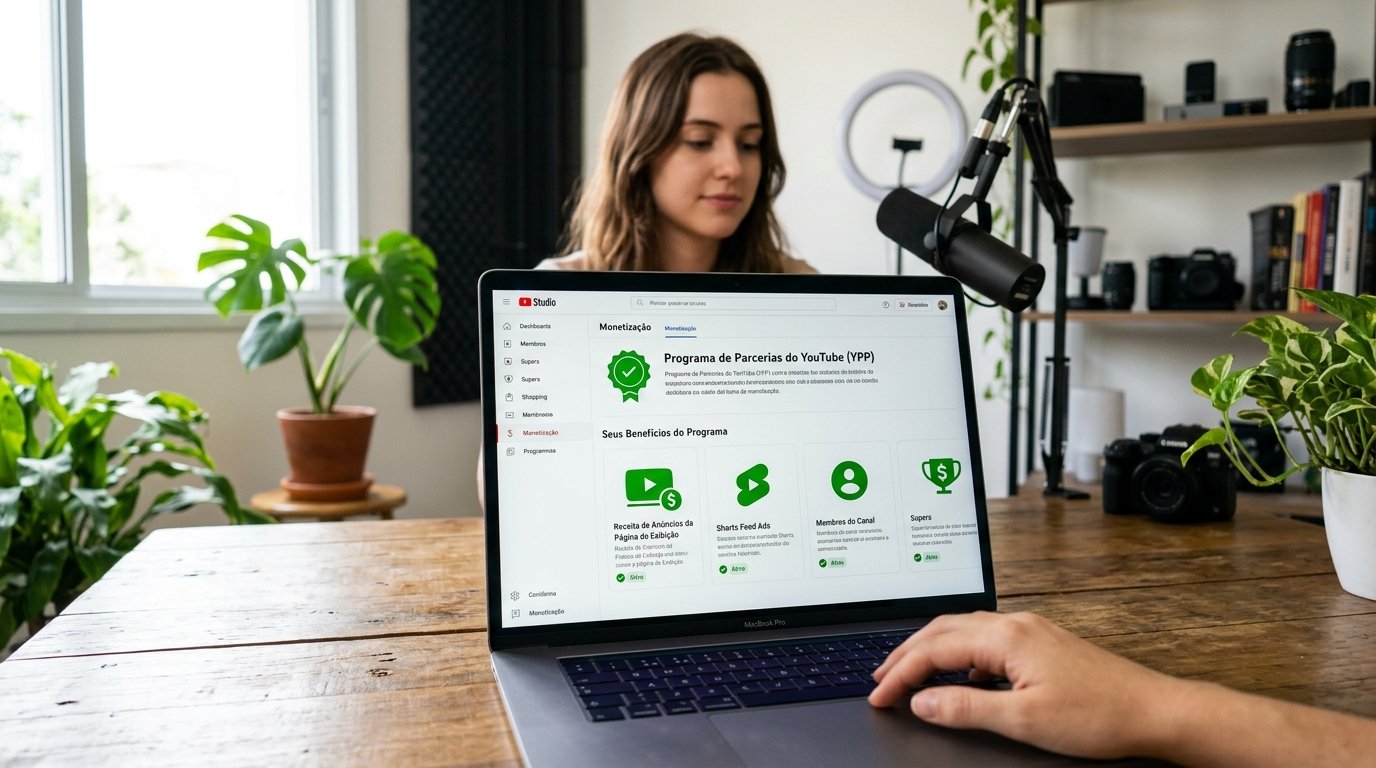 Tela de monetização do YouTube Studio exibindo ícones de receita e benefícios do programa de parcerias.