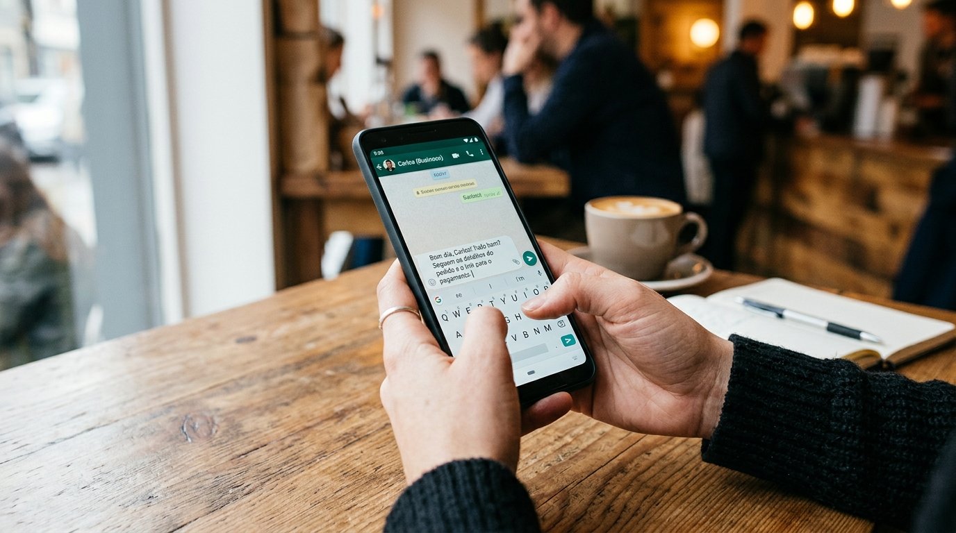 Tela de smartphone exibindo a digitação de uma mensagem no aplicativo WhatsApp Business